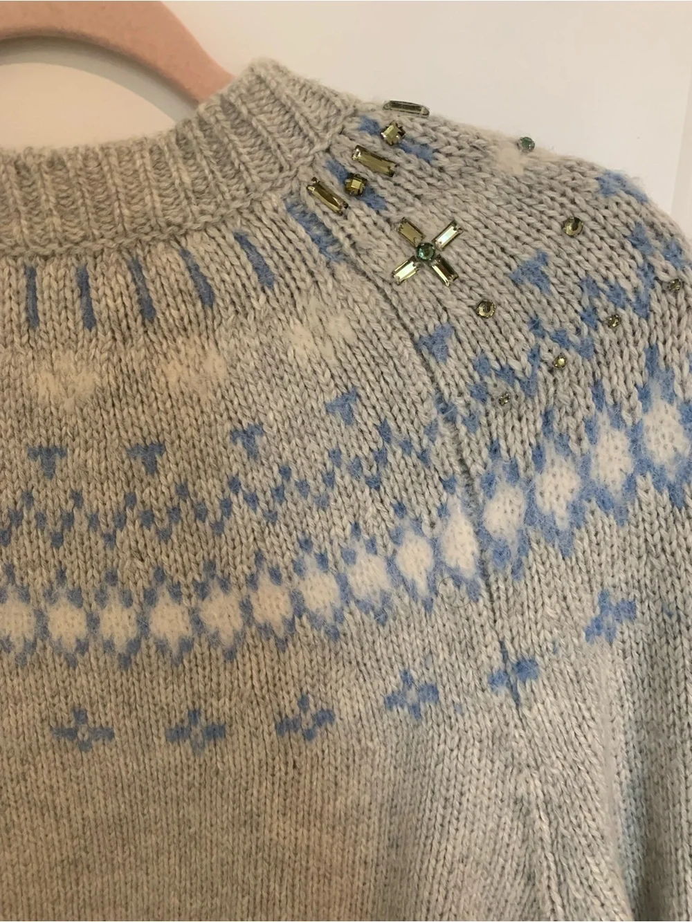 J. Crew Embellished Fair Isle Crewneck Sweater - Light Gray & Pale Blue